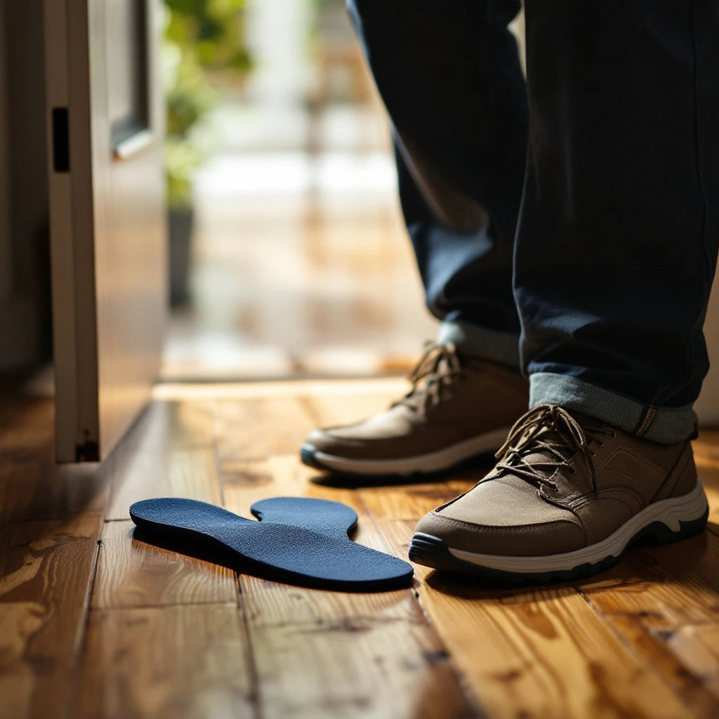 A pair of ForestStep arch-support insoles next to walking shoes on a wood floor